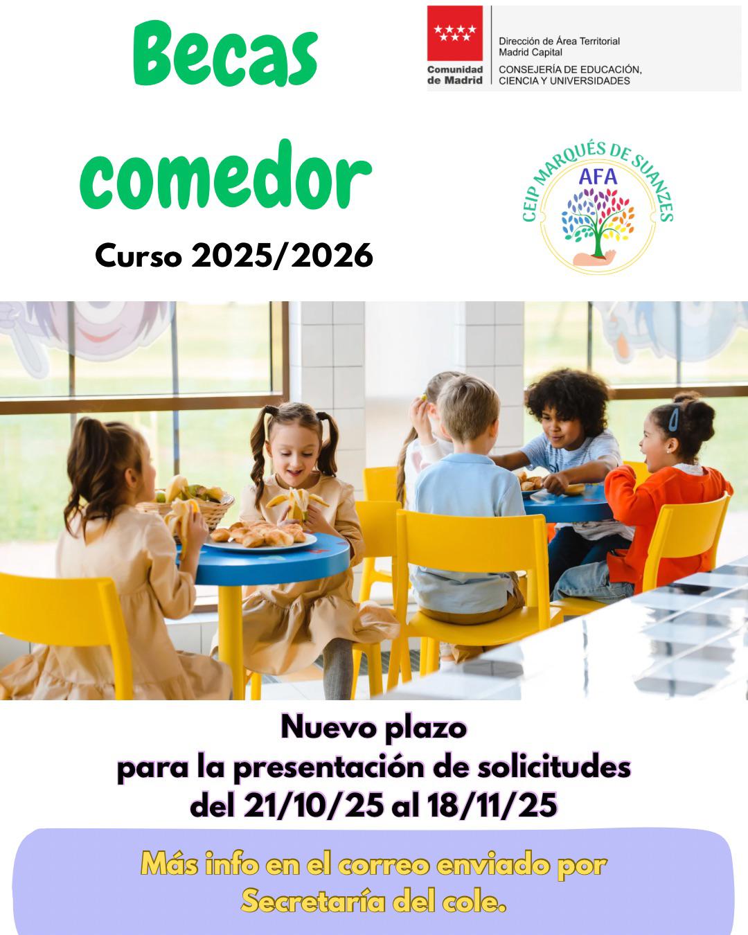 Nueva presentación de solicitudes para las becas de comedor 2025‑2026