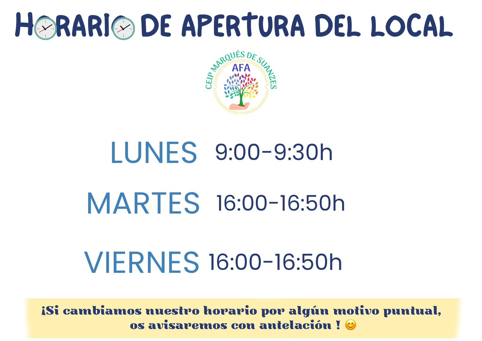NUEVO HORARIO DE APERTURA DEL LOCAL A PARTIR DE ENERO