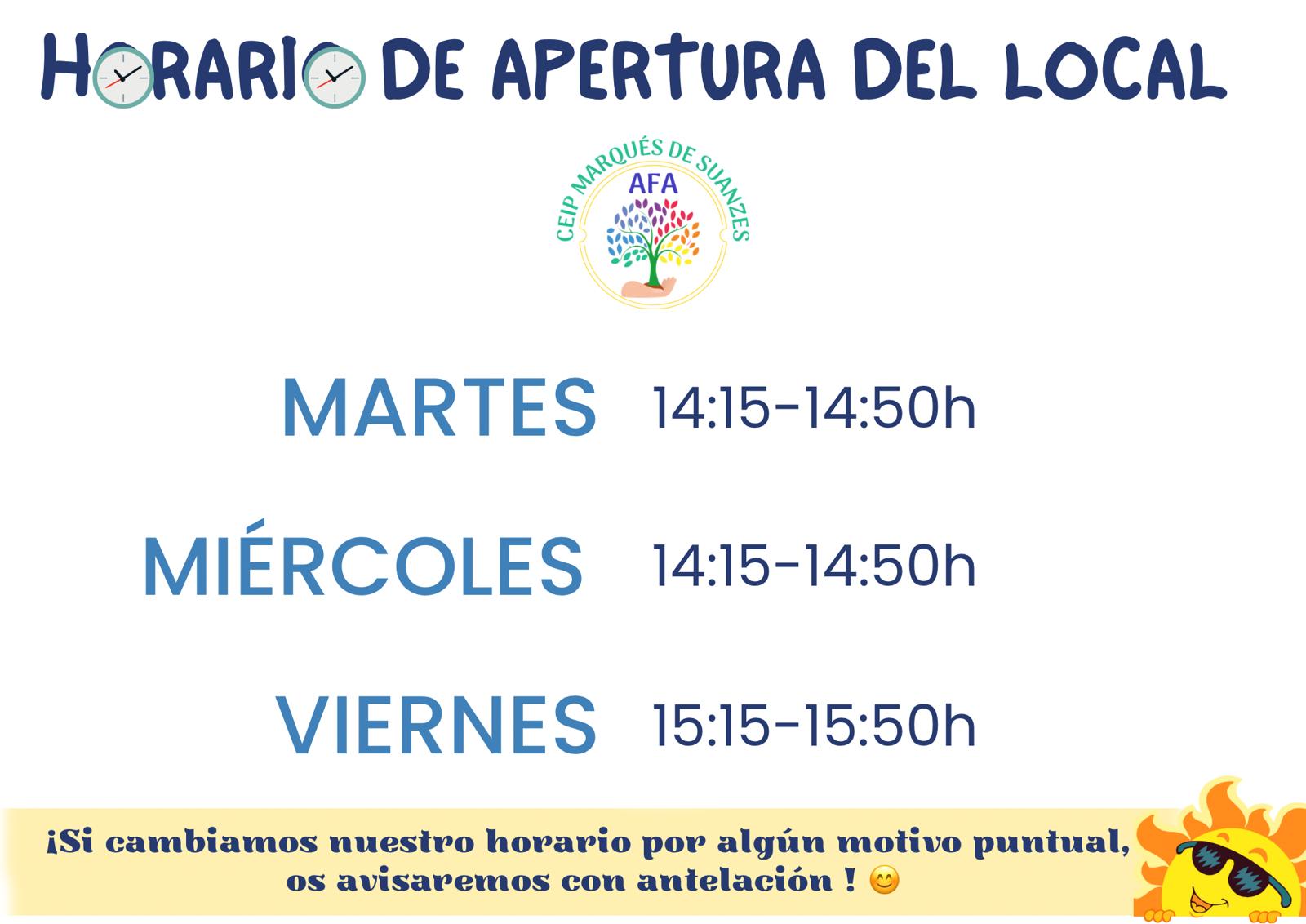 HORARIO DEL LOCAL AFA – JUNIO