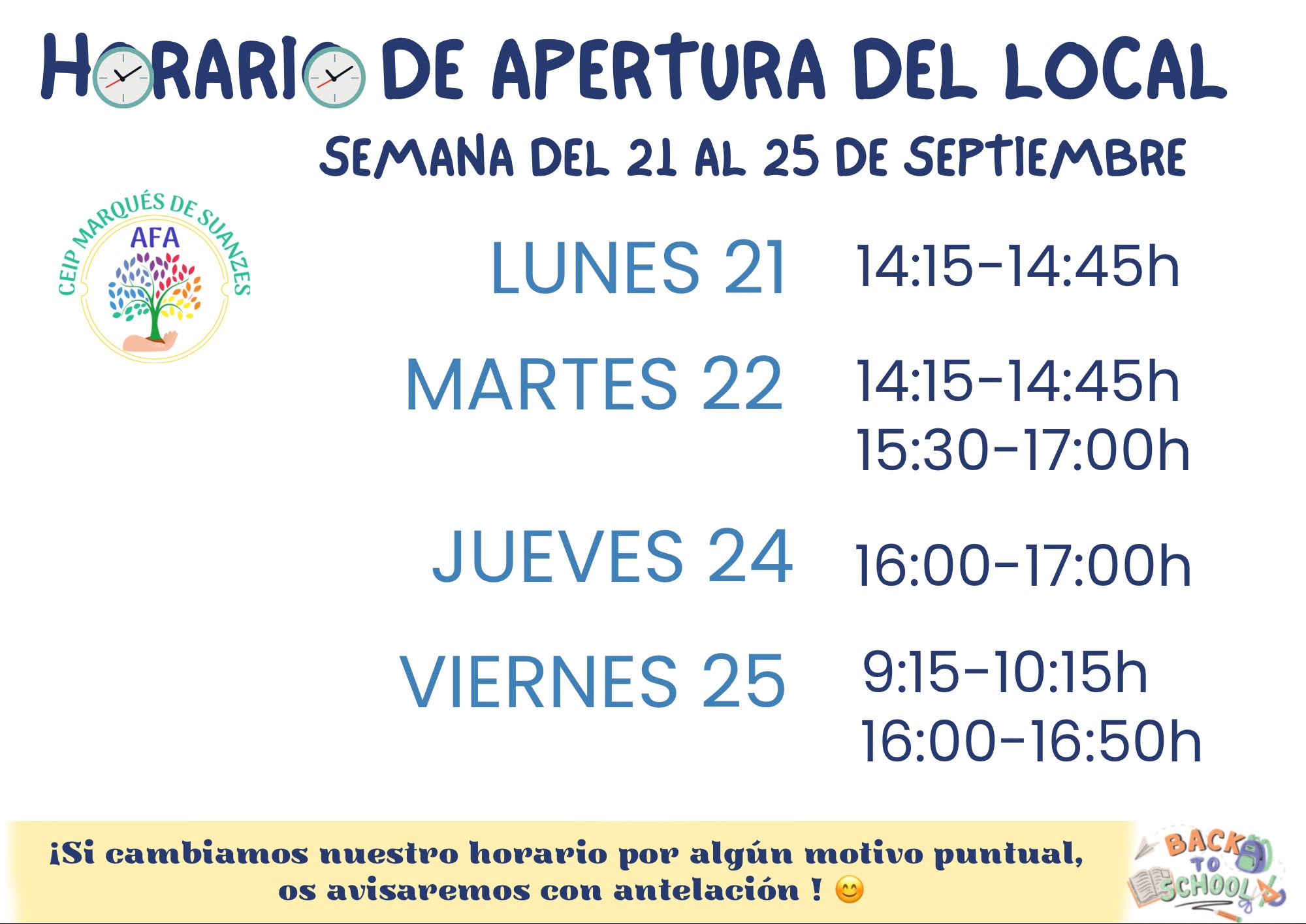 HORARIO DEL LOCAL AFA – SEMANA DEL 21 AL 25 DE SEPTIEMBRE