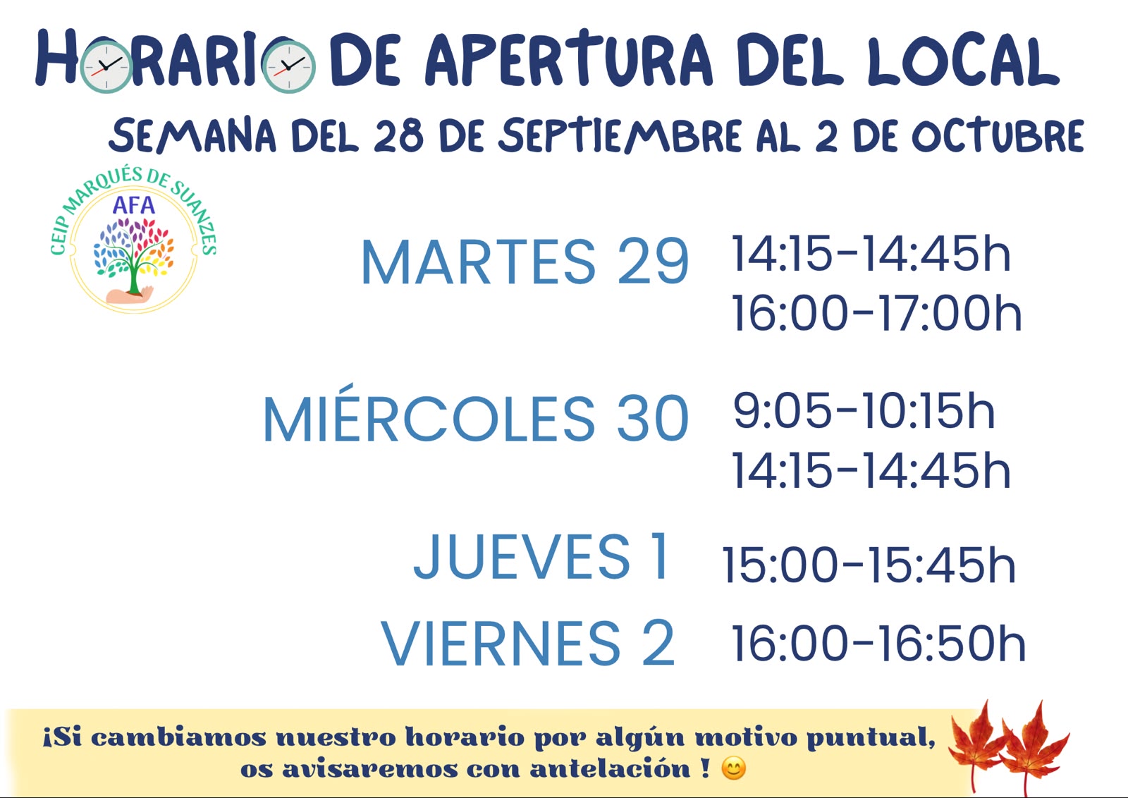 HORARIO DEL LOCAL AFA – SEMANA DEL 28 DE SEPTIEMBRE AL 2 DE OCTUBRE