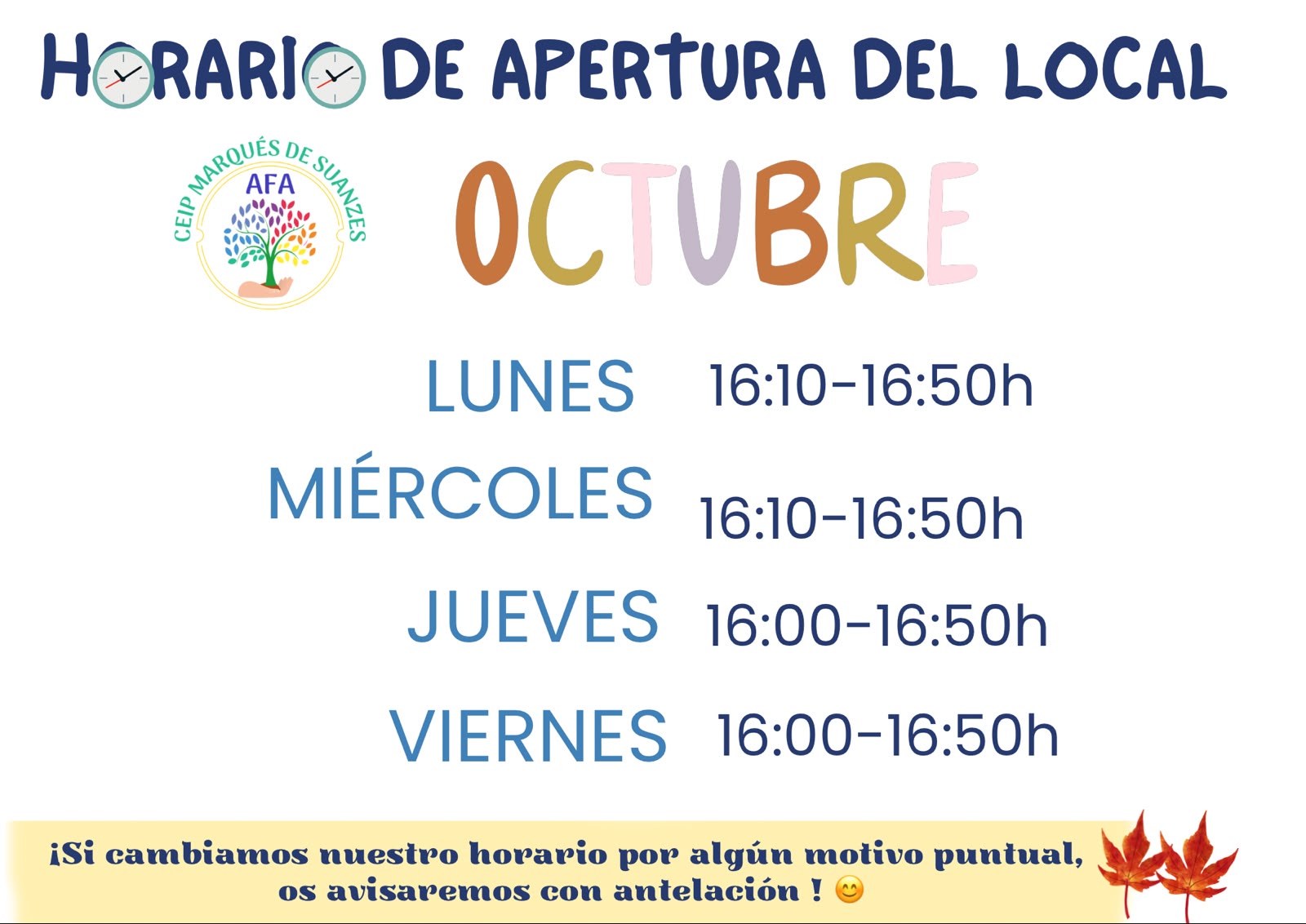 HORARIO DEL LOCAL AFA – OCTUBRE